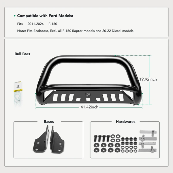 3 Inch Black Carbon Steel Bull Bar Front Bumper Grille Guard with Skid Plate for 2011-2024 Ford F-150