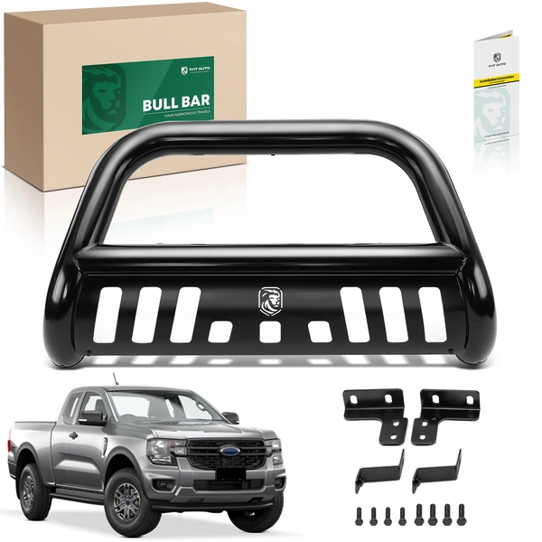 3 Inch Black Carbon Steel Bull Bar Front Bumper Grille Guard with Skid Plate for 2019-2023 Ford Ranger