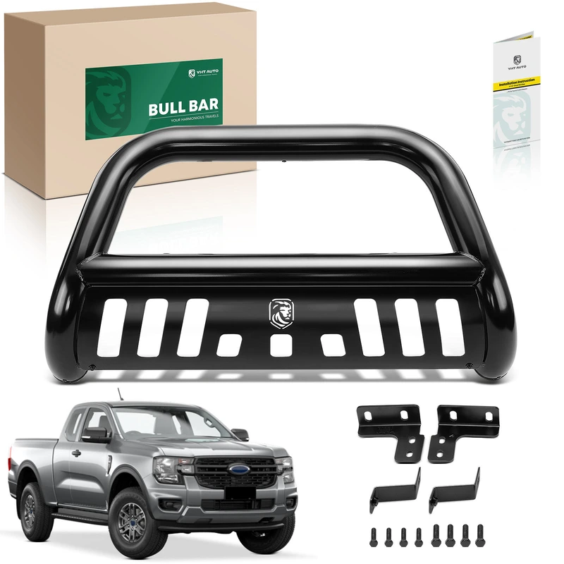 3 Inch Black Carbon Steel Bull Bar Front Bumper Grille Guard with Skid Plate for 2019 Ford Ranger