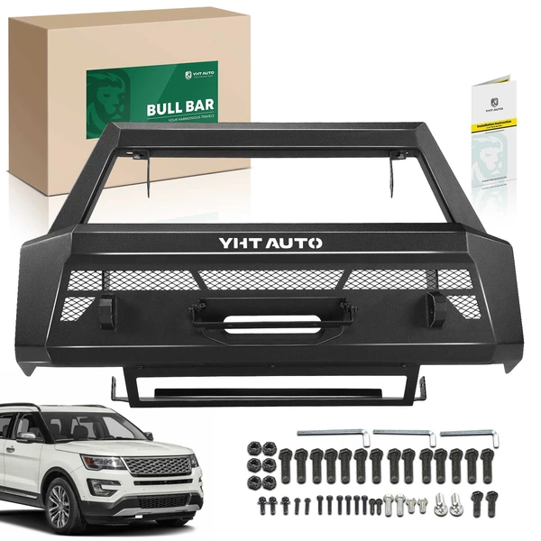 Textured Black Carbon Steel Bull Bar Front Bumper Grille Guard with Winch Frame for Ford F-150 18-20