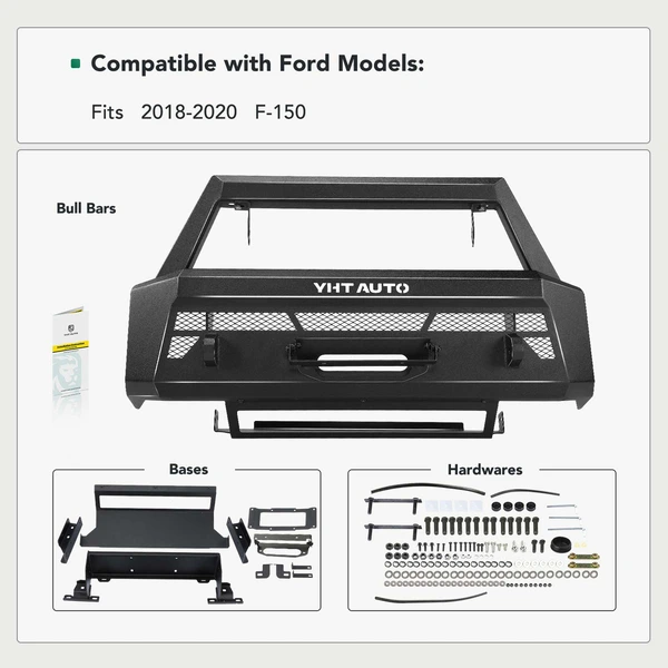 Textured Black Carbon Steel Bull Bar Front Bumper Grille Guard with Winch Frame for Ford F-150 18-20