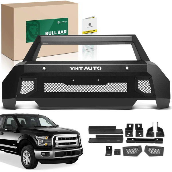 Textured Black Carbon Steel Bull Bar Front Bumper Grille Guard with Light Bracket for 2021-2023 Ford F-150