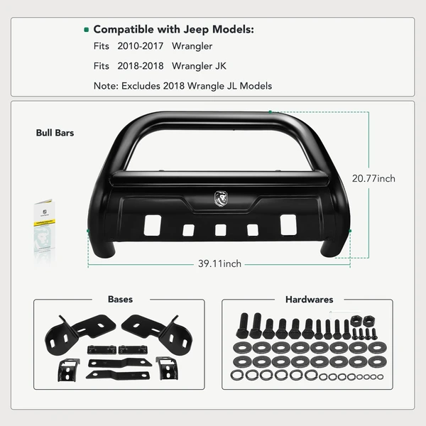 3.5 Inch Black Carbon Steel Oval Bull Bar Front Bumper Grille Guard for 2010-2017 Jeep Wrangler