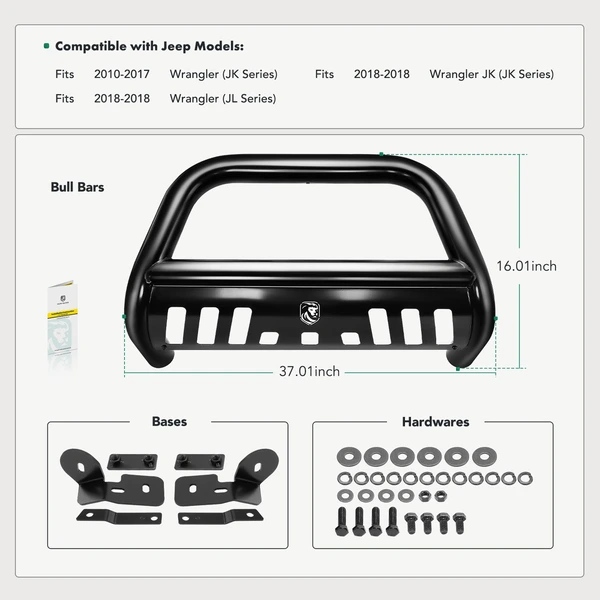 3 Inch Black Carbon Steel Bull Bar Front Bumper Grille Guard for 2010-2018 Jeep Wrangler