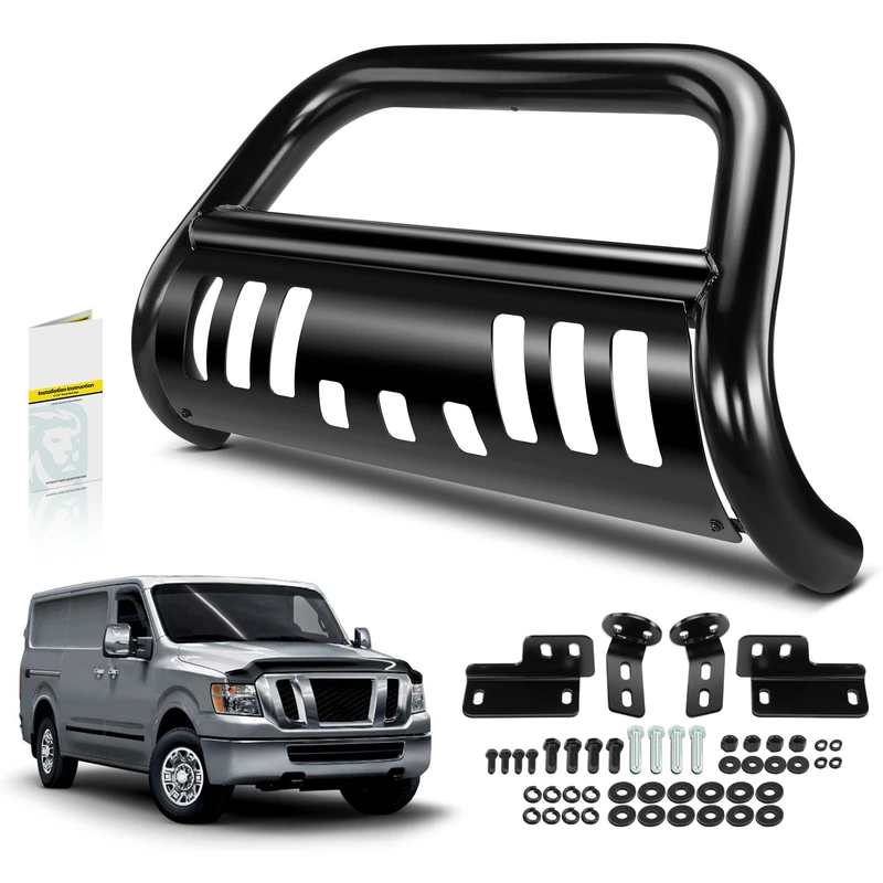 3 Inch Black Carbon Steel Bull Bar Front Bumper Grille Guard with Skid Plate for Nissan NV1500 NV2500