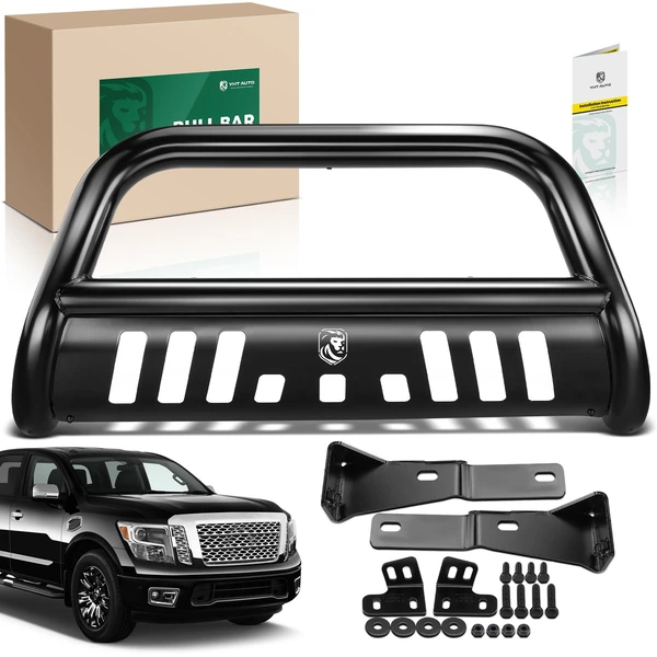 3 Inch Black Carbon Steel Bull Bar Front Bumper Grille Guard with Skid Plate for 2017-2024 Nissan TITAN