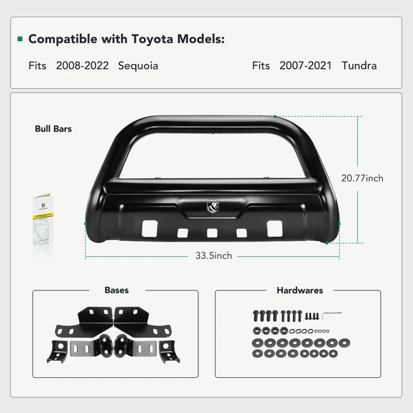 3.5 Inch Black Iron Bull Bar Front Bumper Grille Guard for 2008-2022 Toyota Sequoia