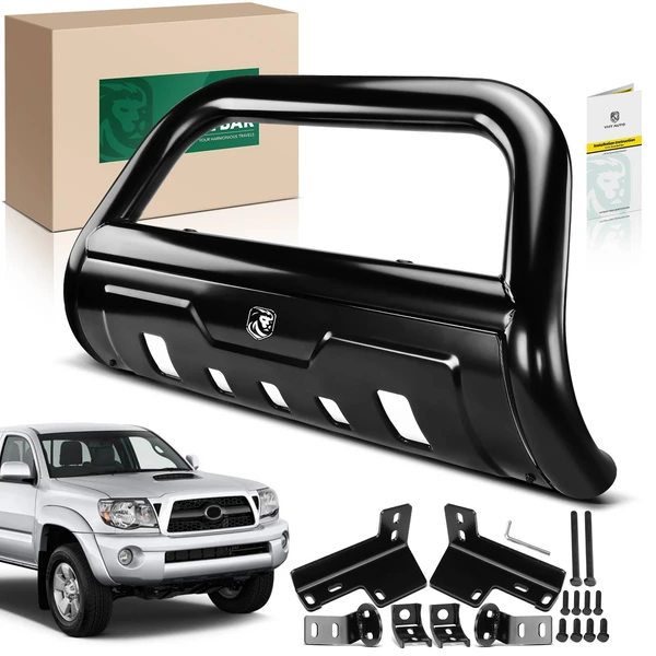 3.5 Inch Black Carbon Steel Bull Bar Front Bumper Grille Guard with Skid Plate for 2005-2015 Toyota Tacoma