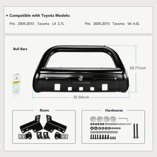 3.5 Inch Black Carbon Steel Bull Bar Front Bumper Grille Guard with Skid Plate for 2005-2015 Toyota Tacoma