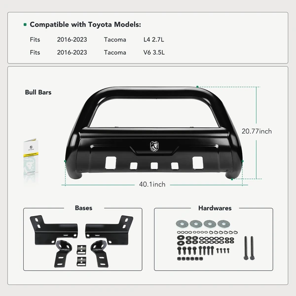 3.5 Inch Black Carbon Steel Bull Bar Front Bumper Grille Guard with Skid Plate for 2016-2023 Toyota Tacoma