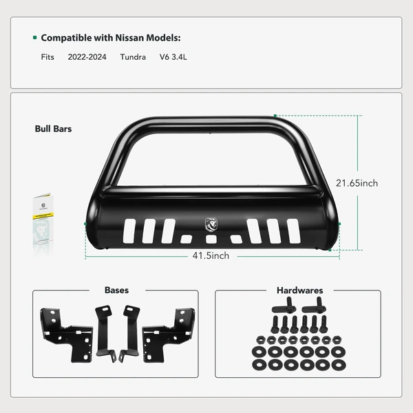 3 Inch Black Carbon Steel Bull Bar Front Bumper Grille Guard with Skid Plate for 2022-2024 Toyota Tundra