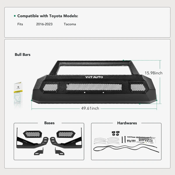 Black CS-1 LD Carbon Steel Bull Bar Front Bumper Grille Guard with Bracket for 2016-2023 Toyota Tacoma