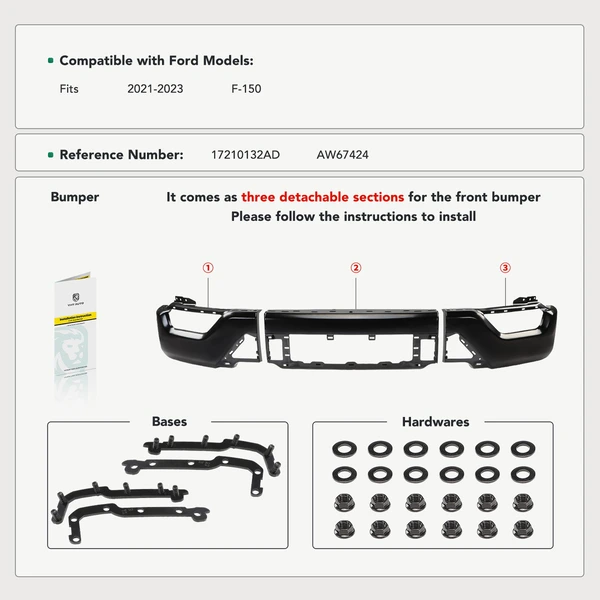 Black Steel Front Bumper Without Sensor Holes for Ford F-150 2021-2023 Pickup