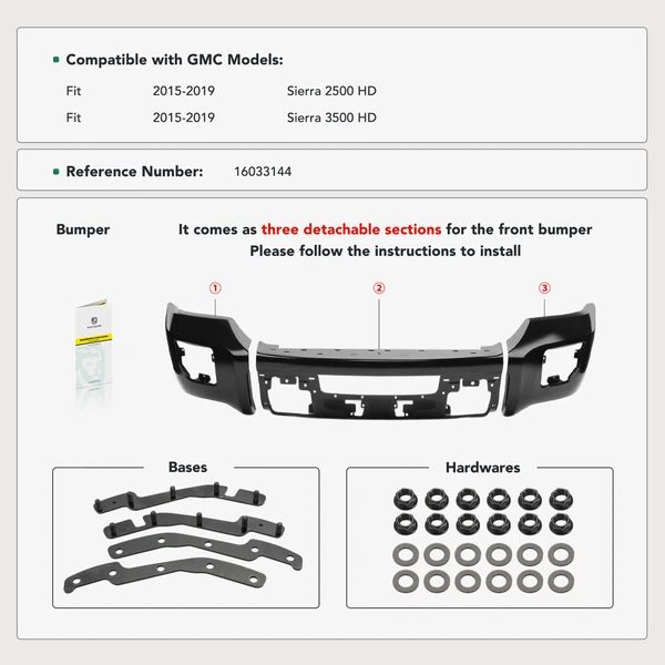 Front Bumper Face Bar with Fog Light Holes for 2015-2019 GMC Sierra 2500 HD