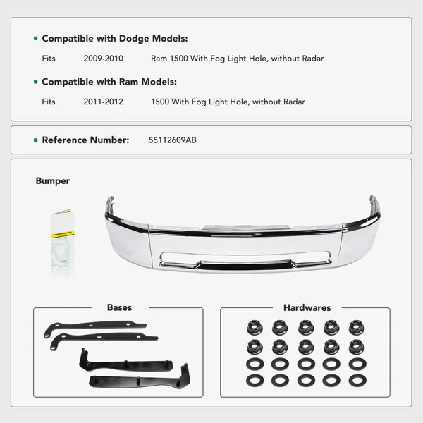 Chrome Front Bumper Face Bar for 2011-2012 Ram 1500