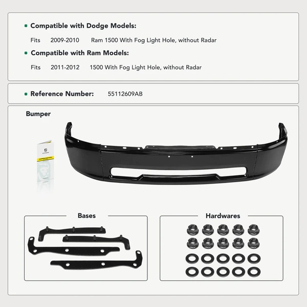 Front Bumper Face Bar with Fog Light for Dodge Ram 1500 2009-2010 Ram 1500 11-12