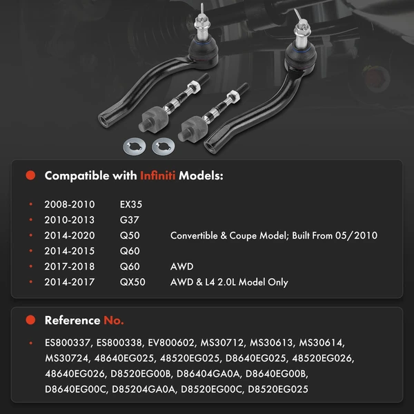 4 Pcs Front Inner & Outer Tie Rod End for Infiniti EX35 2008-2010 G37 Q50 Q60