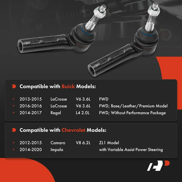 2 Pcs Front Outer Steering Tie Rod Ends for Chevy Impala 14-20 Camaro Buick Regal