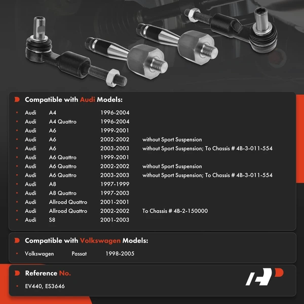 4 Pcs Inner & Outer Tie Rod End for Audi A4 A4 Quattro A8 Quattro Volkswagen Passat