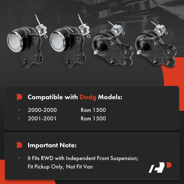 4 Pcs Front Upper & Lower Ball Joint for Dodge Ram 1500 2000-2001 Pickup RWD