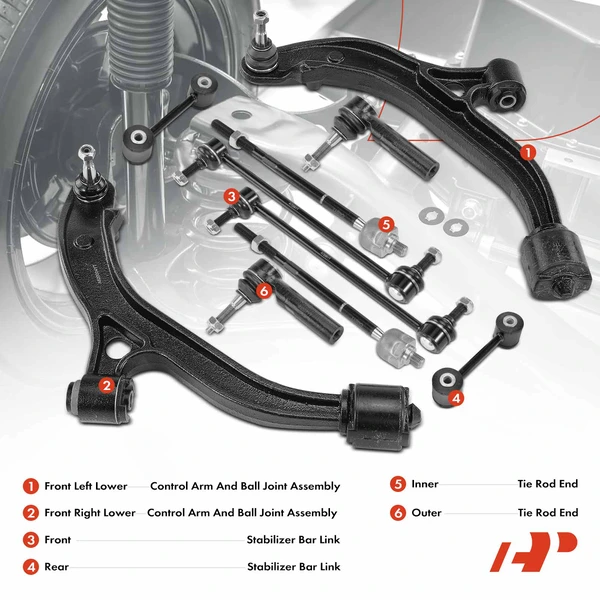 A Set of 10 Control Arm Sway Bar Link and Tie Rod End Kit Front & Rear, Inner & Outer A-Premium APCA1522