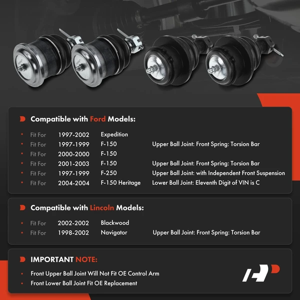 4 Pcs Front Lower & Upper Ball Joint for Ford F-150 97-03 F-250 Lincoln Navigator