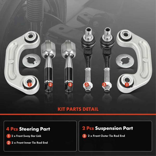 A Set of 6 Tie Rod End and Sway Bar Link Kit Front Side A-Premium APCA1874