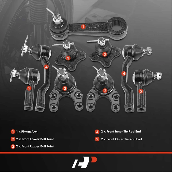 A Set of 9 Ball Joint Pitman Arm and Tie Rod End Kit Front Inner & Outer A-Premium APCA1302