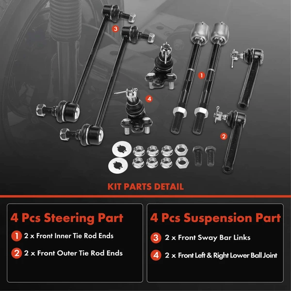 A Set of 8 Ball Joint Sway Bar Link and Tie Rod End Kit Front Side A-Premium APCA1904