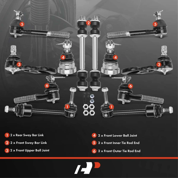 A Set of 12 Ball Joint Sway Bar Link and Tie Rod End Kit Front & Rear, Inner & Outer A-Premium APCA2661