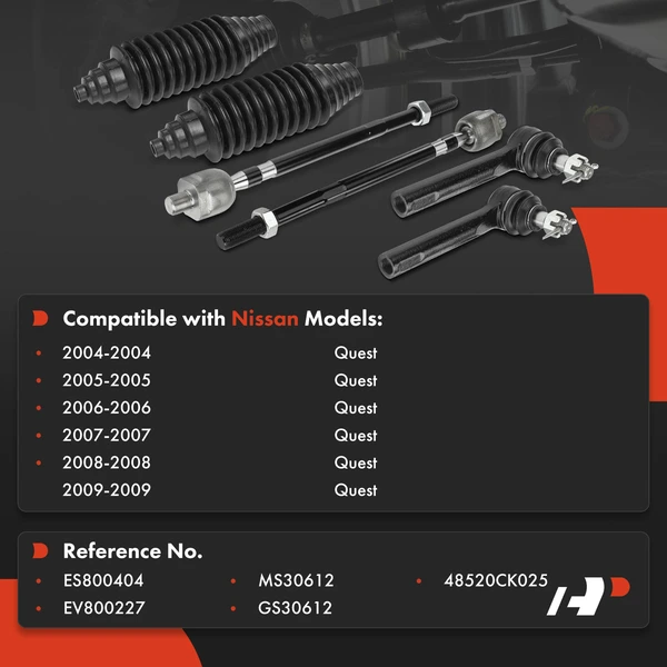 6 Pcs Front Outer & Inner Tie Rod End for Nissan Quest 2004-2009