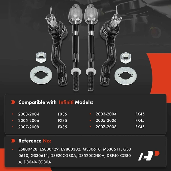 4 Pcs Front Tie Rod End for INFINITI FX35 FX45 2003-2008 Sport Utility