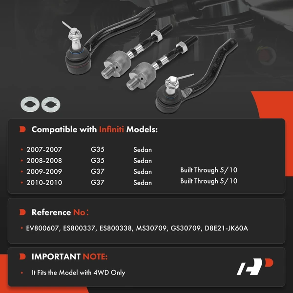 4 Pcs Front Tie Rod End for INFINITI G35 07-08 G37 09-10 Sedan Rear Wheel Drive