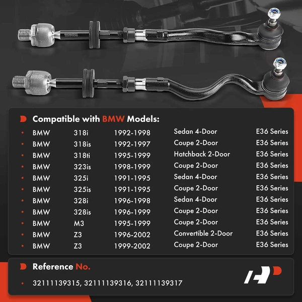 2 Pcs Front Inner & Outer Tie Rod End for BMW 318i 323is M3 Z3 1991-2002 E36