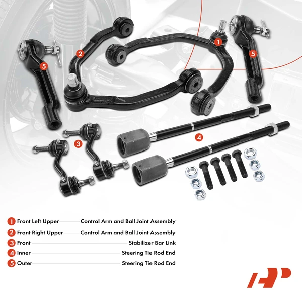 A Set of 8 Control Arm Sway Bar Link and Tie Rod End Kit Front Inner & Outer A-Premium APCA1394