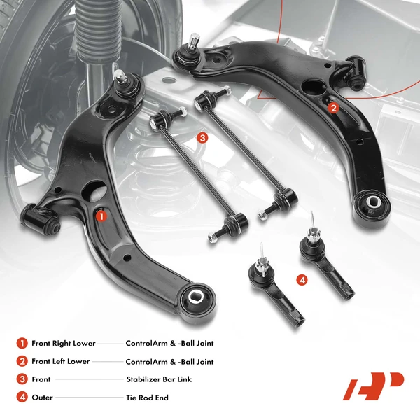 A Set of 6 Control Arm Sway Bar Link and Tie Rod End Kit Front Lower A-Premium APCA2088