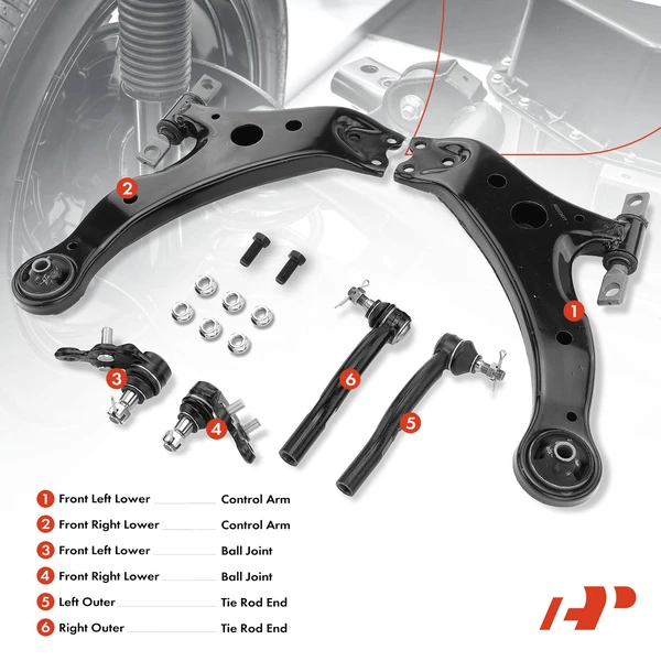 A Set of 6 Control Arm Ball Joint and Tie Rod End Kit Front Lower A-Premium APCA3925
