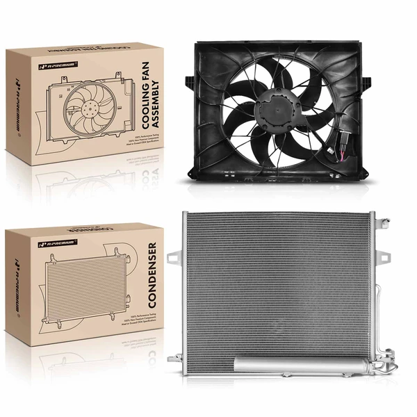 2 Pcs AC Condenser & Single Cooling Fan Assembly Kit for Mercedes-Benz W164 ML350 W251