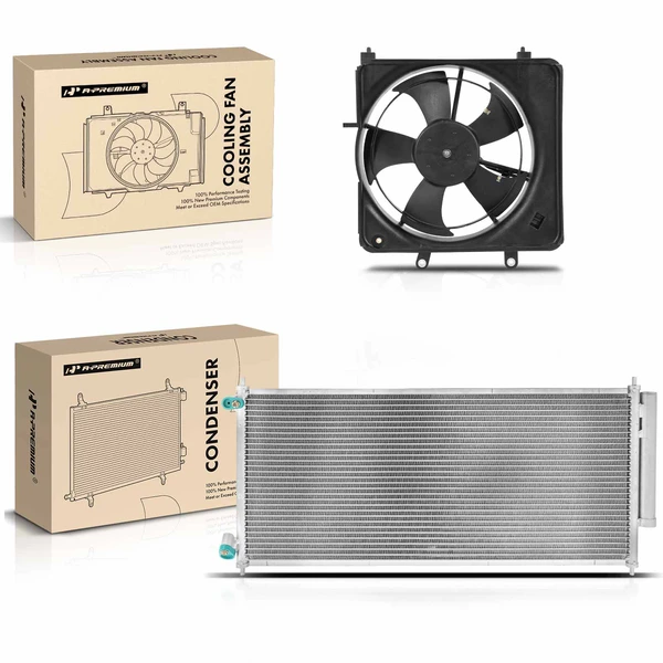 AC Condenser & Single Cooling Fan Assembly Kit for 2007-2008 Honda Fit