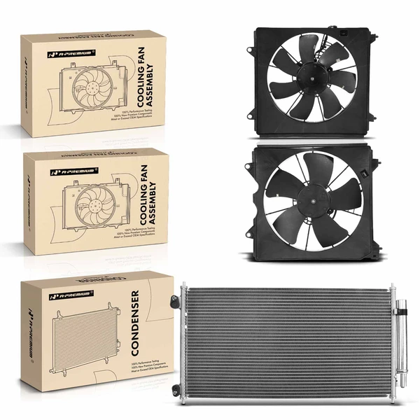 1 Pc AC Condenser & 2 Pcs Single Cooling Fan Assembly Kit for Honda Accord 2008-2012 L4 2.4L