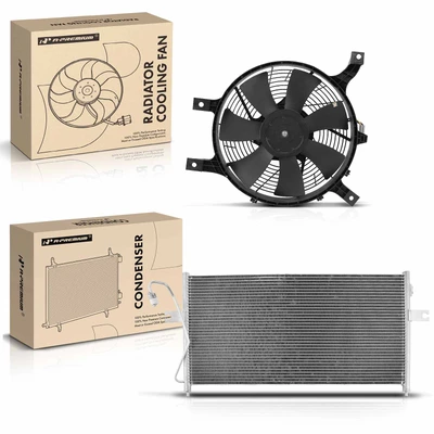 AC Condenser & Single Cooling Fan Assembly Kit for Nissan Frontier 1999-2000 Xterra 2000