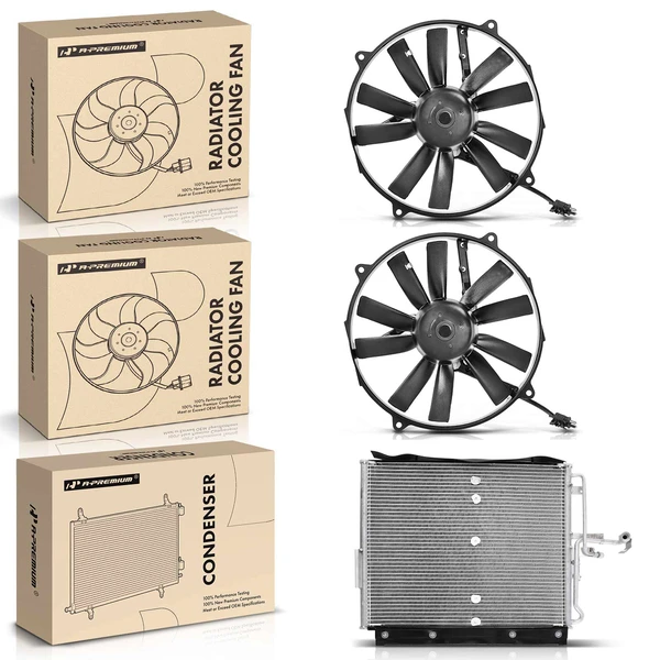 1 Pc AC Condenser & 2 Pcs Single Cooling Fan Assembly Kit for Mercedes-Benz W124 300E E320