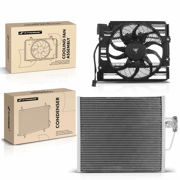 AC Condenser & Single Cooling Fan Assembly Kit for BMW 528i 540i 1997 2.8L 4.4L