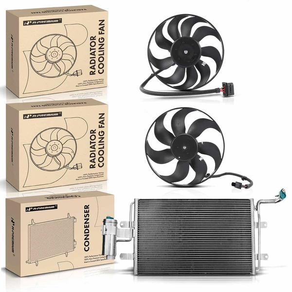 1 Pc AC Condenser & 2 Pcs Cooling Fan Assembly Kit for 1999-2005 Volkswagen Jetta
