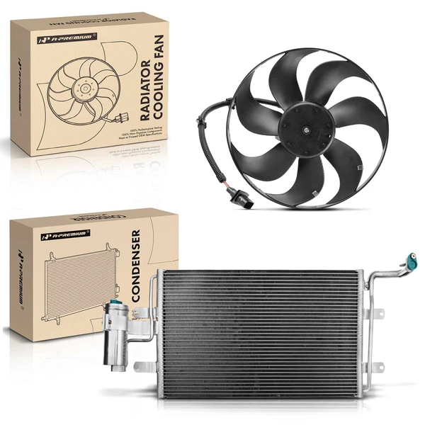 AC Condenser & Cooling Fan Assembly Kit for Volkswagen Beetle 2000-2003 Golf 2.0L