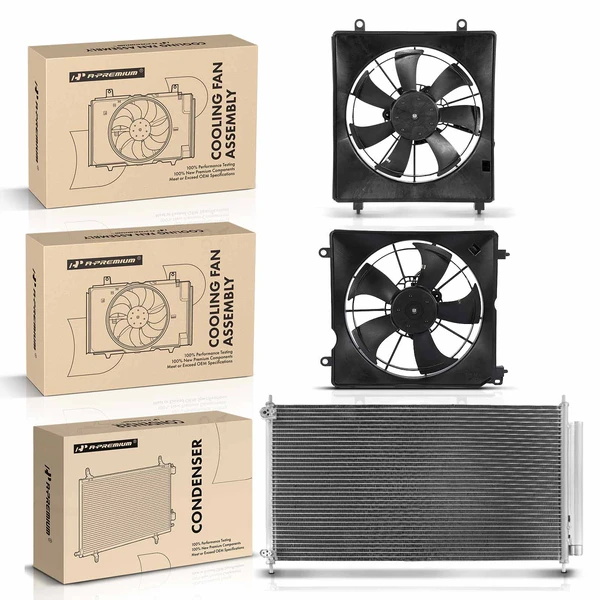 1 Pc AC Condenser & 2 Pcs Single Cooling Fan Assembly Kit for 2013-2017 Honda Accord