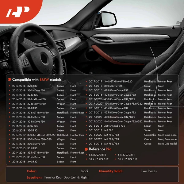 2 Pcs Black Inner Trim Door Pull Handle for BMW F30 F32 3 Series M3