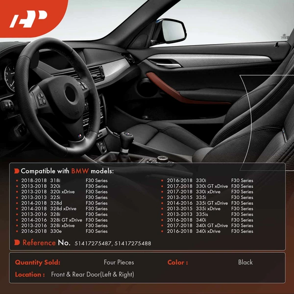 4 Pcs Front & Rear Black Interior Door Pull Handle Trim Cover Set for BMW F30 318i