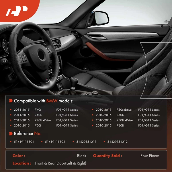 4 Pcs Driver & Passenger Black Interior Door Pull Handle Trim Cover Set for BMW F01 740i