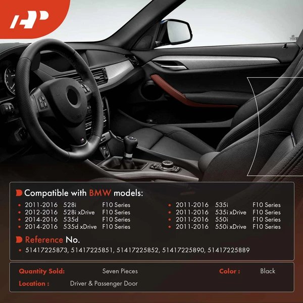 7 Pcs Black Inner Door Panel Handle Pull Trim Cover Set for BMW F10